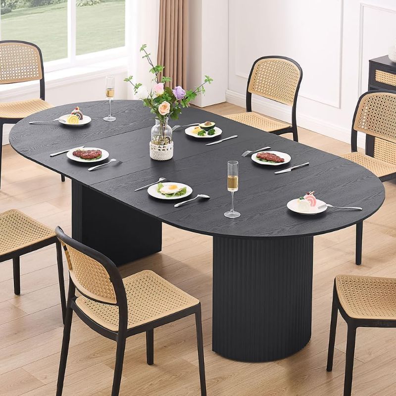 Photo 1 of (NON-REFUNDABLE) WILLIAMSPACE 86.61" Wood Extendable Dining Table for 6 to 8, Modern Oval Kitchen Table with Wooden Pedestal Base, Mid Century Large Round Dining Room Table Furniture, Easy to Assemble, Black (INCOMPLETE SET) 
