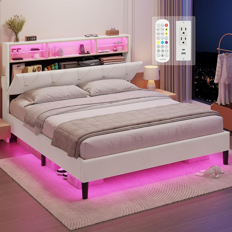 Photo 1 of Queen Bed Frame with Storage Headboard and RGB LED Lights, Velet Upholstered Platform Bed Frame Queen Size with Type-C & USB Charging Station, Stable Easy Assembly,Creamy White
