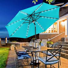 Photo 1 of *DAMAGED UNIT* Saemoza 3 Tiers Patio Umbrella with Solar Powered, Outdoor 10ft Market Table Umbrella with 40 LED Lights, Push Button Tilt, Crank and 8 Ribs for Garden, Backyard and Pool Light blue