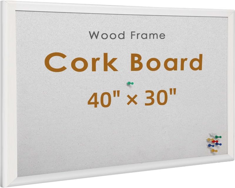 Photo 1 of * MINOR DAMAGE* White Cork Bulletin Board 40" X 30" with 10 Push Pins, Corkboard with White Wood Frame, White Cork Notice Board Message Board, Framed Pin Board for Home, Office, School
