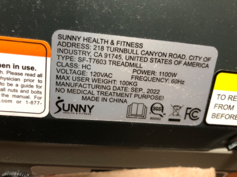 Photo 5 of *DAMAGED* Sunny Health & Fitness Exercise Treadmills, Motorized Running Machine for Home with Folding, Easy Assembly, Sturdy, Portable and Space Saving - SF-T7603, Grey