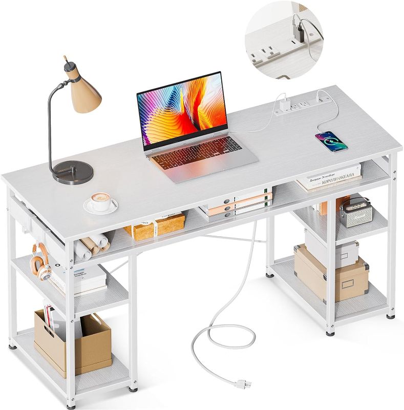 Photo 1 of * SEE NOTES* AODK 48 Inch Small Computer Desk with Power Outlets, Writing Desk with Storage Shelves Headphone Hook, Student Laptop PC Desks for Small Spaces Home Office, White
