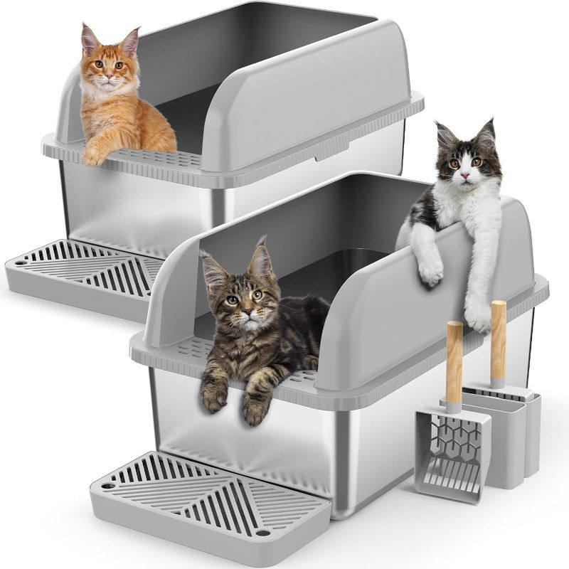 Photo 1 of * SEE NOTES* 2 Pack 8" Deep Stainless Steel Litter Box with Lid, Extra Large Stainless Steel Cat Litter Box for Multipul Cats, Metal Litter Box with Anti-Leakage High Wall, Deep Litter Pan Easy Cleaning
