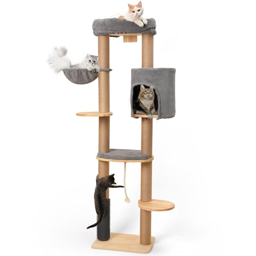 Photo 1 of * SEE NOTES* FUKUMARU Cat Tree, 74 Inch Large Cat Tower Wall-Mounted, Solid Rubber Wood Cat Wall Shelves, Cat Condo with Scratch-Resistant Fabric, Multi-Level Grey
