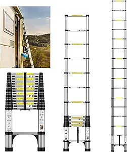 Photo 1 of 15.5FT Telescoping Ladder, Aluminum Extension Ladder w/Triangle Stabilizers, 330lbs Capacity Retractable Ladder, Expandable Telescopic Ladder for Home, Outdoor (15.5FT,Silvery)
