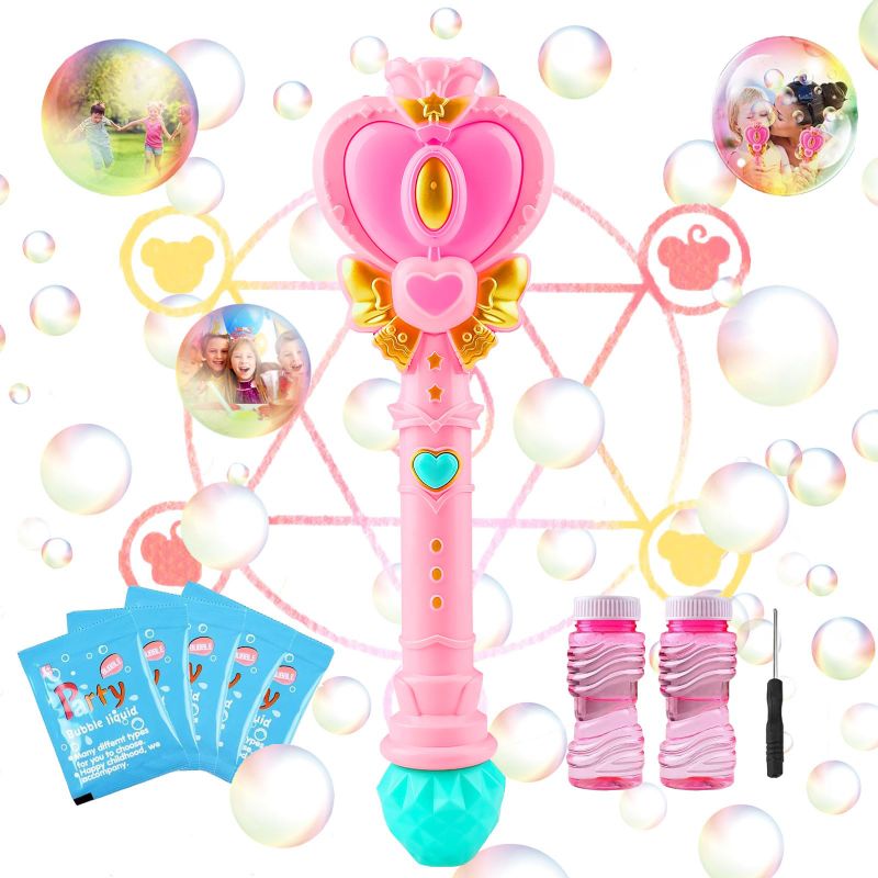 Photo 1 of Bubble Wand for Kids, Princess Heart Bubble Machine Blower Maker Wand with Light, Easter Basket Stuffers Outdoor Toys Gifts for 1 2 3 4 5 6 7 8 Years Old Toddlers Little Girls Include Bubble Solution
