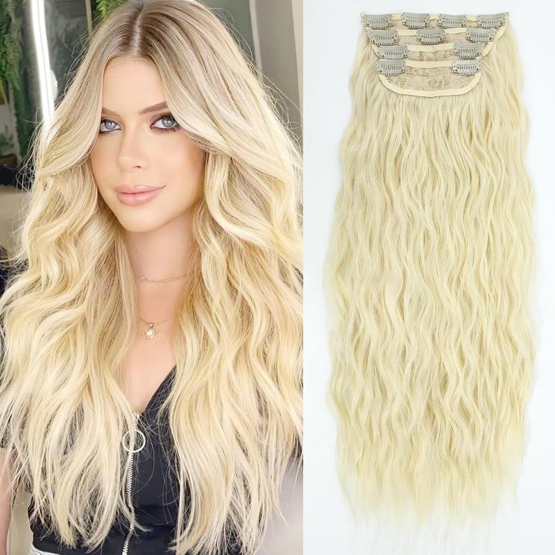 Photo 1 of Platinum Blond Hair Extensions, 4PCS Clip in Long Wavy Synthetic Hair Extensions, 24 Inch Double Weft Thick Hairpieces for Women(Platinum Blond #613)
