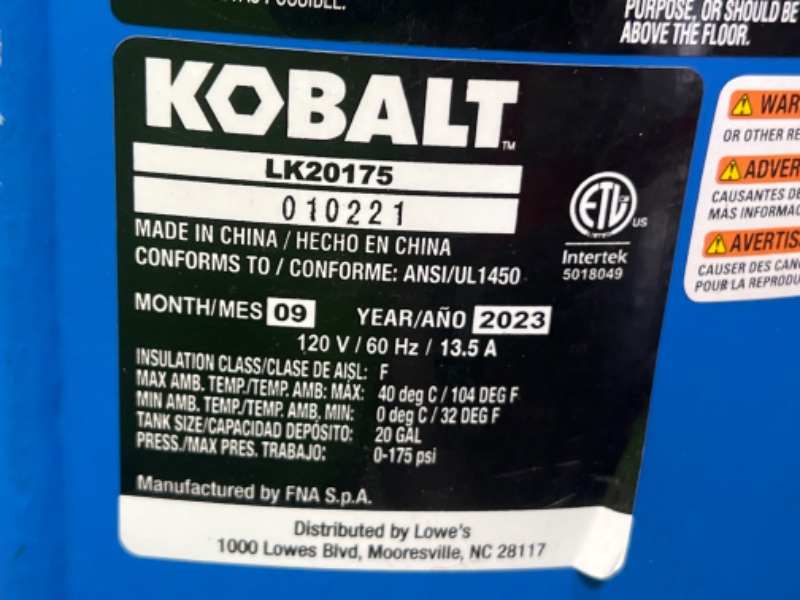 Photo 4 of **NONREFUNDABLE**FOR PARTS OR REPAIR**SEE NOTES**
Kobalt 20-Gallon Portable Electric 175 PSI Vertical Air Compressor
