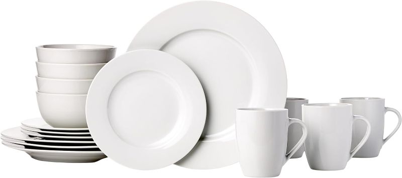 Photo 1 of Amazon Basics 16-Piece Porcelain Kitchen Dinnerware Set with Plates, Bowls and Mugs, Service for 4 - White
