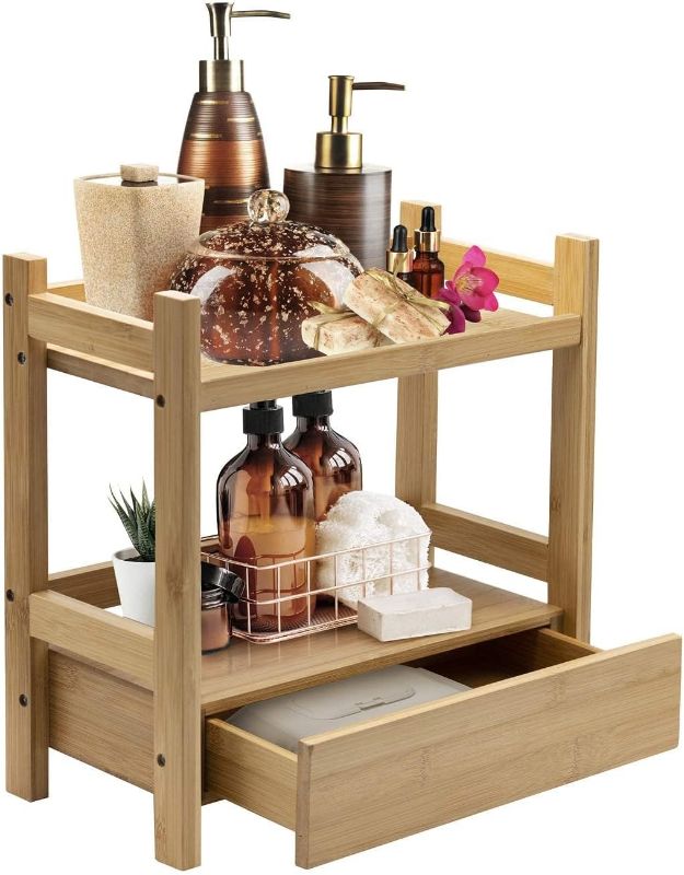 Photo 1 of Sorbus 2-Tier Bamboo Countertop Shelf with Hidden Drawer - Makeup Organizer - Multi-Purpose Storage for Skincare, Toiletries, Desktop - Display Stand Shelf for Bathroom Vanity Counter, Kitchen, Office
