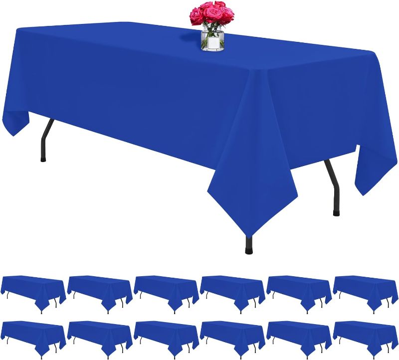 Photo 1 of 12 Pack Polyester Tablecloth -60 x 102 Inch Royal Blue Table Cloth for 6 Feet Rectangle Tables, Stain and Wrinkle Resistant Washable Fabric Table Cover for Wedding Party Banquet Restaurant Kitchen
