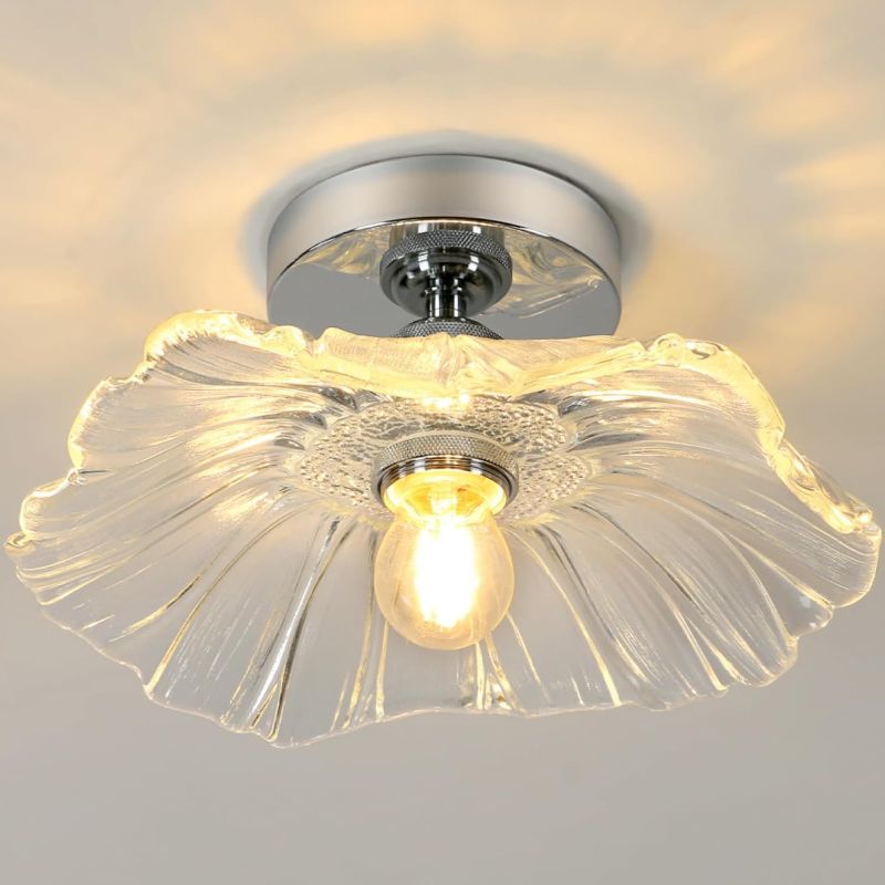 Photo 1 of DELIPOP Semi Flush Mount Ceiling Light, Modern Flower Ceiling Light Fixture with Vintage Glass Shade, Hallway Flower Chandelier for Entryway, Porch