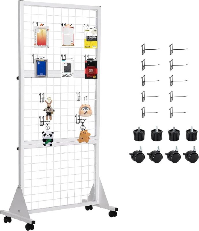 Photo 1 of 5.25'x2' Wire Grid Wall Panel Tower, 3-Layer Heavy Movable Steel Wire Grid Wall Display Rack with T-Base Floorstanding on Wheels, Art Show Display Panels with 10 Hooks for Retail,Home,White
