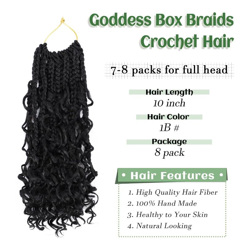 Photo 1 of 8 Packs Goddess Box Braids 10 Inch Pre-looped Bohemian Crochet Boho Box Braids With Curly Ends 3X Crochet Braids Hair for Women Synthetic Braiding Hair 16 Strands (#1B)
