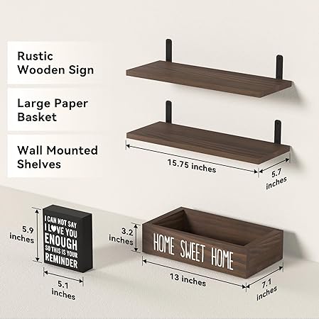 Photo 2 of RICHER HOUSE Floating Shelves with Bathroom Décor Box Sign, Bathroom Shelves Over Toilet with Storage Basket, Rustic Wood Wall Shelf for Wall Organizer, Shelf for Wall Décor Bathroom - Rustic Brown