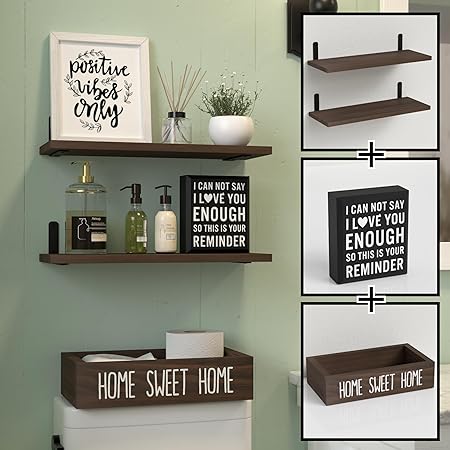 Photo 1 of RICHER HOUSE Floating Shelves with Bathroom Décor Box Sign, Bathroom Shelves Over Toilet with Storage Basket, Rustic Wood Wall Shelf for Wall Organizer, Shelf for Wall Décor Bathroom - Rustic Brown