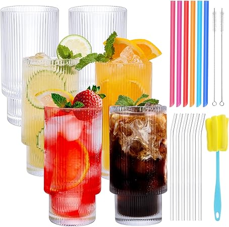 Photo 1 of Moretoes Glass Cup Set with Straws, 12oz Ribbed Glassware, Iced Coffee Cups Set of 6, Vintage Drinking Glasses