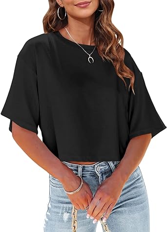 Photo 1 of Tankaneo Women Half Sleeve Cropped T-Shirts Drop Shoulder Round Neck Crop Tops Casual Summer Solid Color Basic Tees