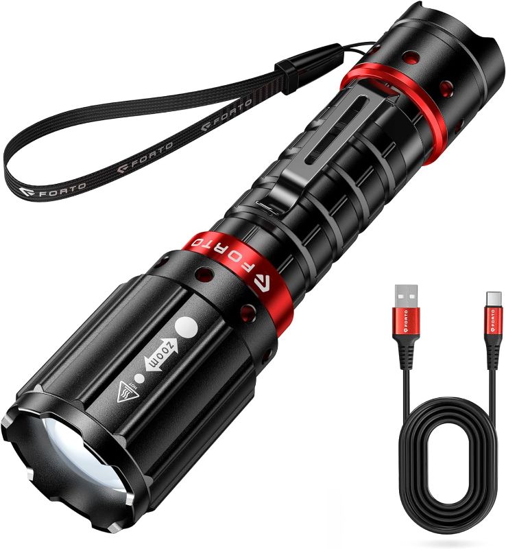 Photo 1 of FORTO Flashlight 1000 High Lumens, Super Bright LED Rechargeable Flashlight, Zoomable, Waterproof, 3 Modes Flash Light, Tactical Flashlight for Camping,...
