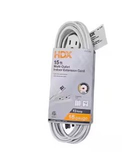 Photo 1 of 15 ft. 16/3 Light Duty Indoor Extension Cord with Banana Tap, White
346
