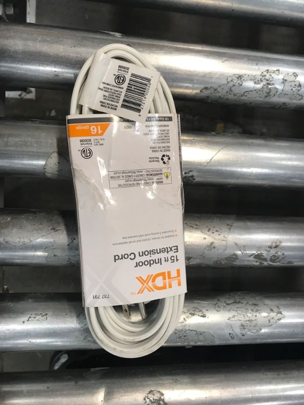 Photo 1 of 15 ft. 16/3 Light Duty Indoor Extension Cord with Banana Tap, White
346
