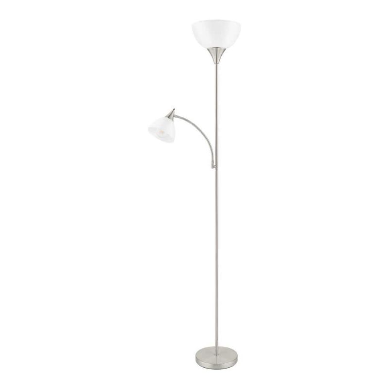 Photo 1 of 70 in. Brushed Nickel Mother Daughter 2-Light Torchiere Floor Lamp with Plastic Shade
