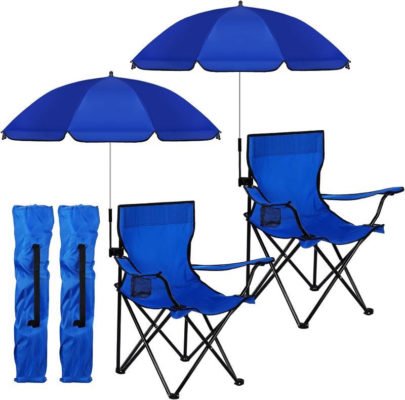 Photo 3 of 2 Sets Beach Chair with UPF 50+ and Umbrella with Universal Clamp Folding Beach Chair with Mesh Cup Holder for Adult with Carrying Bag 360° Adjustable Shade Umbrella Collapsible (Blue)