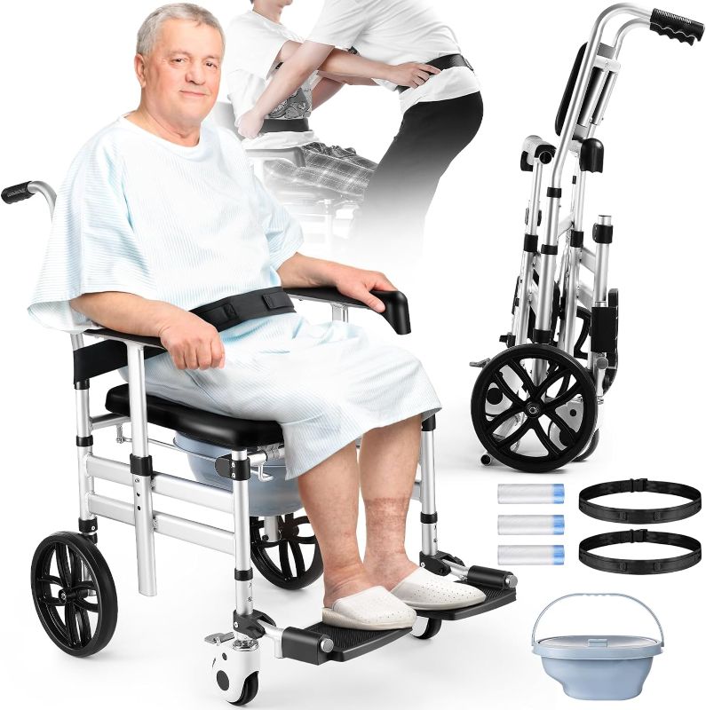 Photo 1 of Shower Chair with Wheels, Hybodies Folding Shower Wheel, Transport Chair, Commode, Rolling Bath Chair for Handicap, Elderly & Injured, Waterproof & Soft, Front Locking Wheels, Safety Straps Included