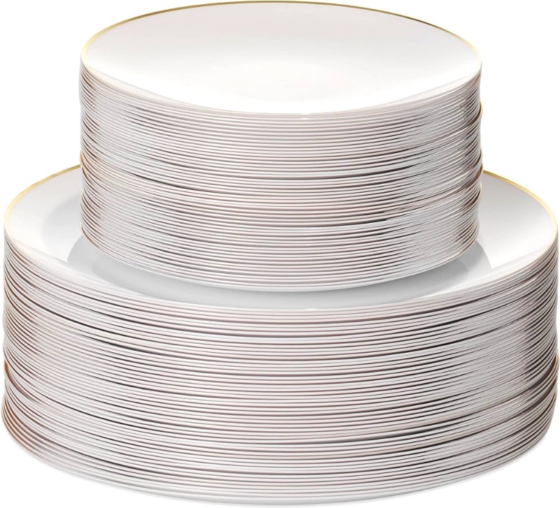 Photo 1 of 100 PCS Disposable Plastic White Plates Combo | 50 7.5 In. Gold Rim Appetizer/Dessert Plastic Plates And 50 10 In. Gold Rim Plastic Dinner Plates | Heavy Duty Plates For Wedding, Parties Or Catering