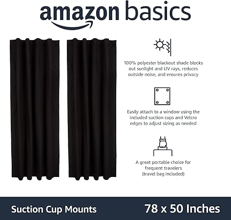 Photo 1 of Amazon Basics Portable Window Blackout Curtain Shade with Suction Cups for Travel, 2-Pack, 78"L x 50"W, Black
