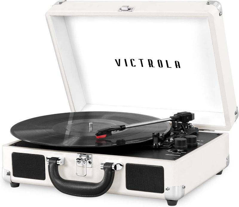 Photo 1 of **NON_REFUNDABLE, PARTS ONLY** Victrola Vintage 3-Speed Bluetooth Portable Suitcase Record Player with Built-in Speakers | Upgraded Turntable Audio Sound,VSC-550BT-WHT, White/Silver

