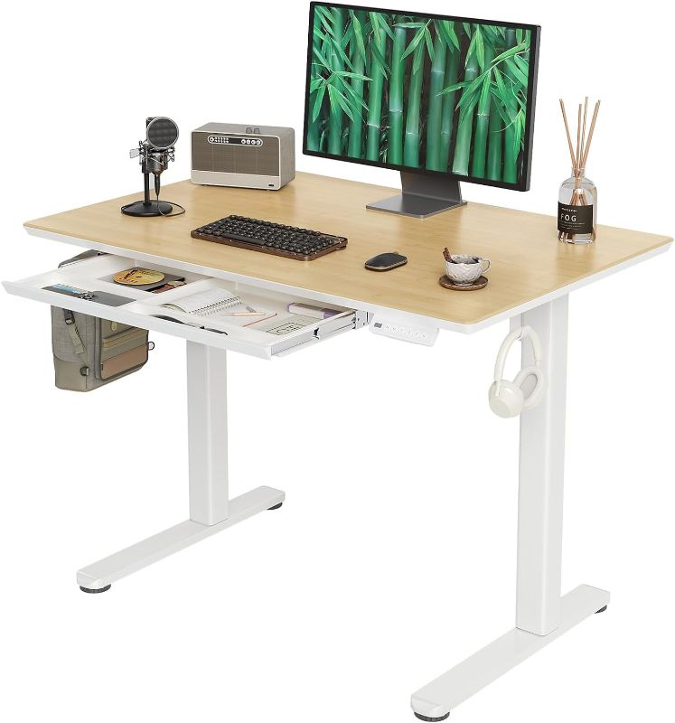 Photo 1 of 
Bamboo Standing Desk with Drawers,40 Inch Adjustable Stand Up Desk,Quick Install Electric Home Office Stand Desk with Whole-Piece Board,Adjustable Height Computer Desk,White Frame/Bamboo Top
