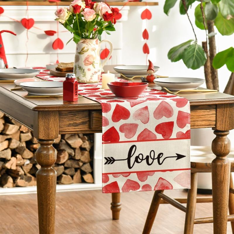 Photo 1 of Artoid Mode Watercolor Heart Arrow Love Valentine's Day Table Runner, Seasonal Anniversary Wedding Holiday Kitchen Dining Table Decoration for Indoor Outdoor Home Party Decor 13 x 60 Inch