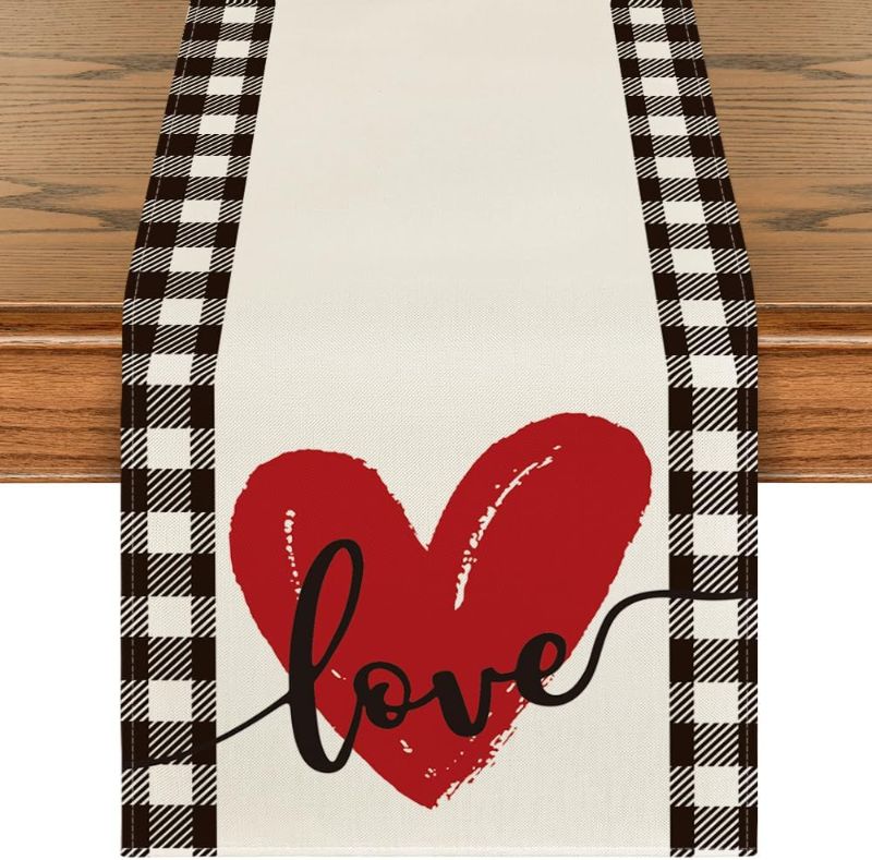 Photo 1 of Artoid Mode Buffalo Plaid Heart Love Valentine's Day Table Runner, Anniversary Wedding Kitchen Dining Table Decoration for Home Party Decor 13x60 Inch
