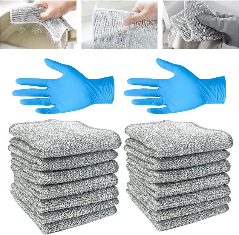 Photo 1 of 12 Pcs Non-Scratch Wire Dishcloth with Cleaning Gloves Wire Dishwashing Rags for Wet and Dry Multifunctional Kitchen Cleaning Cloths for Dishes Sinks Counters Stove Tops Machine Washable
