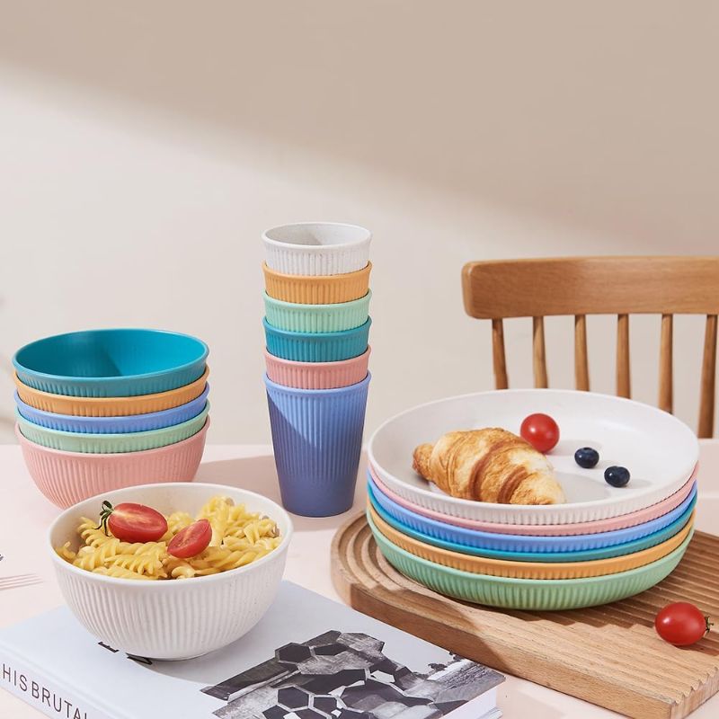 Photo 1 of 18pcs Wheat Straw Dinnerware Sets, HXYPN Unbreakable Reusable Dinnerware Set Kitchen Cups Plates and Bowls Sets Dishwasher Microwave Safe Plates