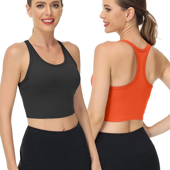 Photo 1 of High Neck Sports Bra for Women Longline Full Coverage Sports Bras Medium Impact Padded Workout Crop Tops for Yoga Gym Small U-2pack:black+ORANGE