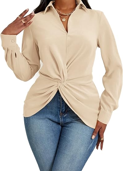 Photo 1 of Vrtige Women's Collar V Neck Twist Front Long Sleeve Split Hem Blouse Shirt Top
