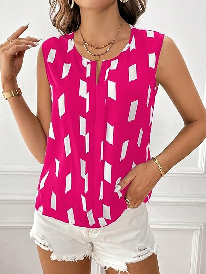 Photo 1 of COZYEASE Women's Graphic Print Notch Neck Plicated Sleeveless Casual Blouse