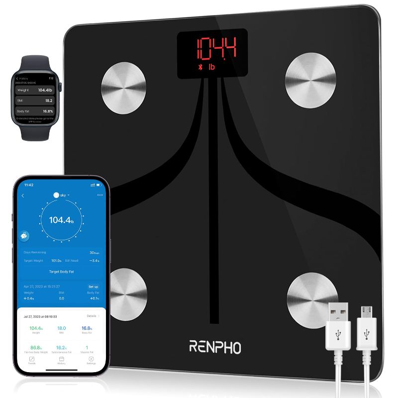 Photo 1 of RENPHO Elis 1 Body Fat Scale, USB Rechargeable Digital Bathroom Scale, Smart Bluetooth Weight Scale, Electronic 13 Body Composition Monitor with Smartphone App, 396 lbs, Black(11 inch)
