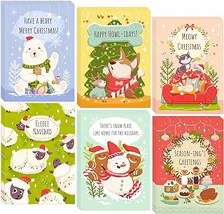 Photo 1 of Soulbytes Christmas Cards, 24pcs Holiday Greeting Cards with Envelopes and Stickers, Cartoon Xmas Card, Happy New Year Card for Friends and Family.