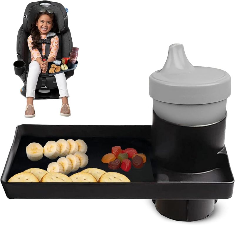 Photo 1 of Kids Travel Tray – Car Seat and Car Cup Holder Tray - Tray for Snacks, Entertainment, Toys – Includes Cup Holder – Fits Most Car Seats Standard Base - Single Pack Black