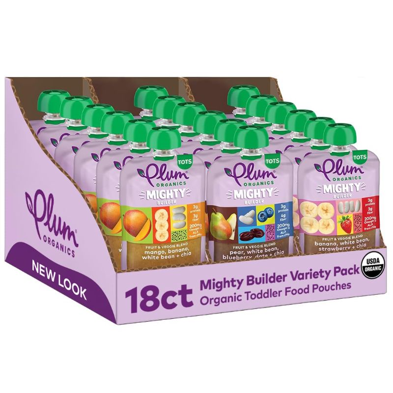 Photo 1 of *9/18/2024* Plum Organics Mighty Builder Organic Toddler Food - Fruit and Veggie Blend Variety Pack - 4 oz Pouch (Pack of 18) - Organic Fruit and Vegetable Toddler Food Pouch
