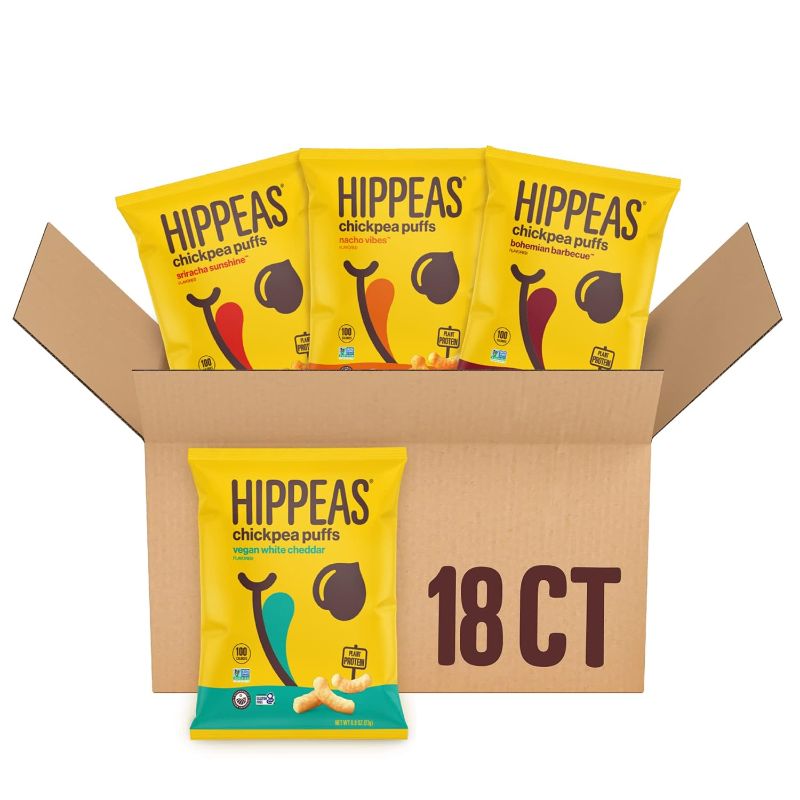 Photo 1 of *10/3/2024* Hippeas Chickpea Puffs, Variety Pack: Vegan White Cheddar, Nacho Vibes, Barbecue, Sriracha, 0.8 Ounce (Pack of 18), 3g Protein, 2g Fiber, Vegan, Gluten-Free, Crunchy, Plant Protein Snacks
