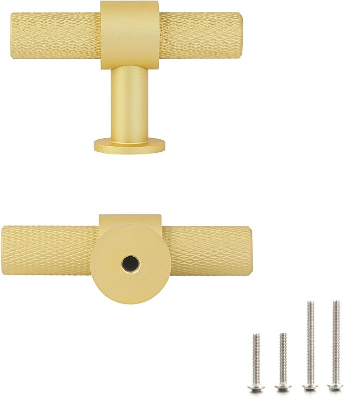 Photo 1 of 2 2/5 Inch Drawer Knob, 2.4" (60 mm) Kitchen Cabinet Knobs, 5 Pack Dresser Knobs, Matte Gold, Knurled Finish, T-Bar
