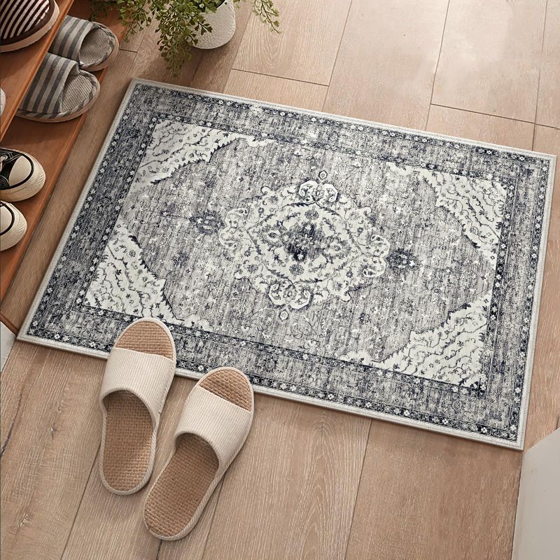 Photo 2 of 2x3 Bohemian Rugs Grey Area Rugs for Bedroom Living Room Bathroom Kitchen, Small Soft Rugs Low Pile Non-Slip Rubber Backing Oriental Door Mat(Border Grey 2x3ft) Border Grey 2'x3'