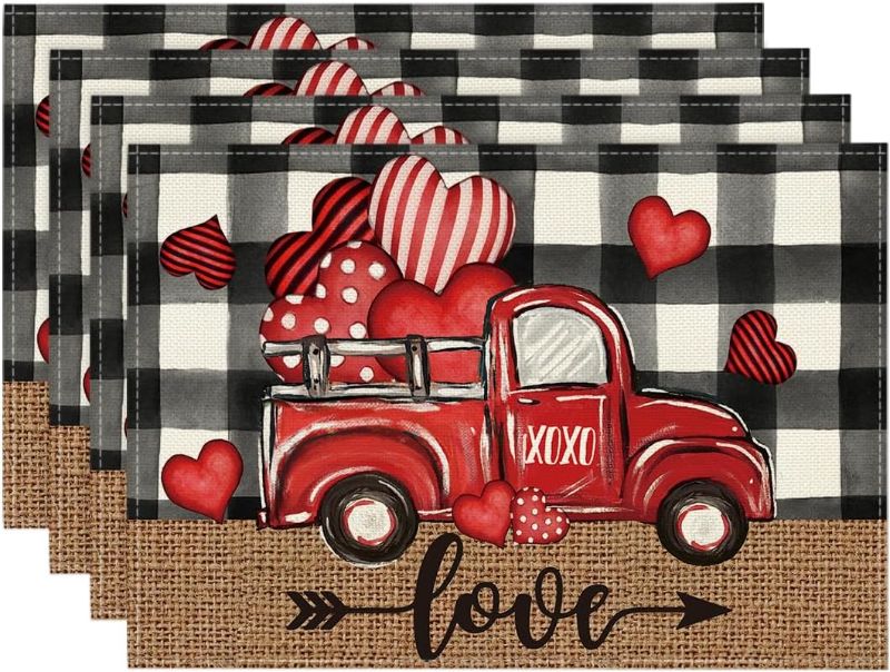 Photo 1 of Artoid Mode Watercolor Buffalo Plaid Hearts Truck Love Mother's Day Placemats Set of 4, 12x18 Inch Seasonal Spring Table Mats for Party Kitchen Dining Decoration
