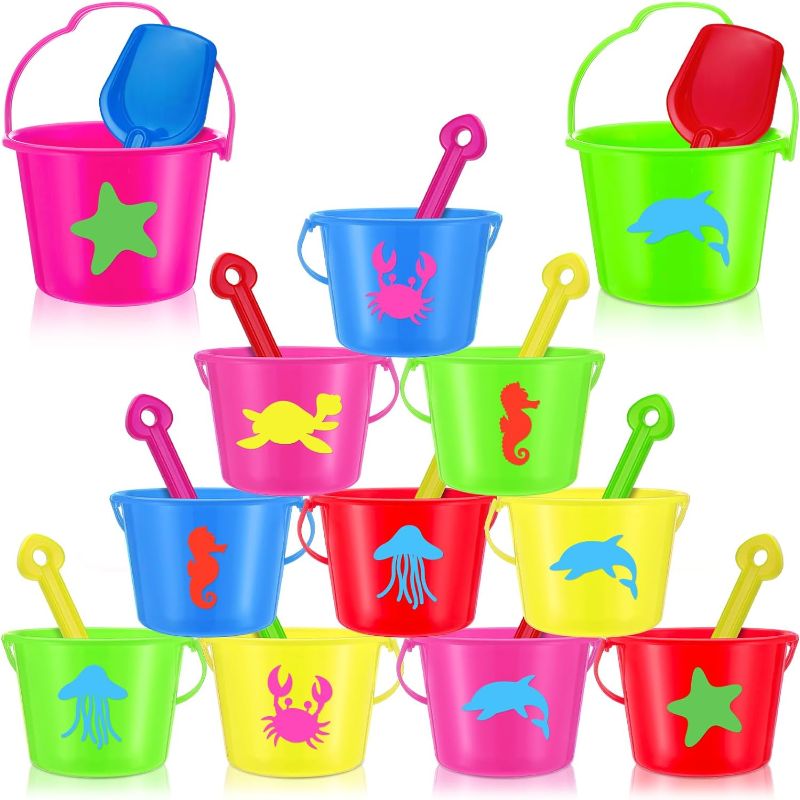 Photo 1 of 12 Sets Beach Toys Buckets and Shovels for Boys and Girls Including 12 Pcs 4.33" Sand Buckets 12 Shovels 12 Waterproof Marine Animal Stickers Small Bucket for Beach Favor