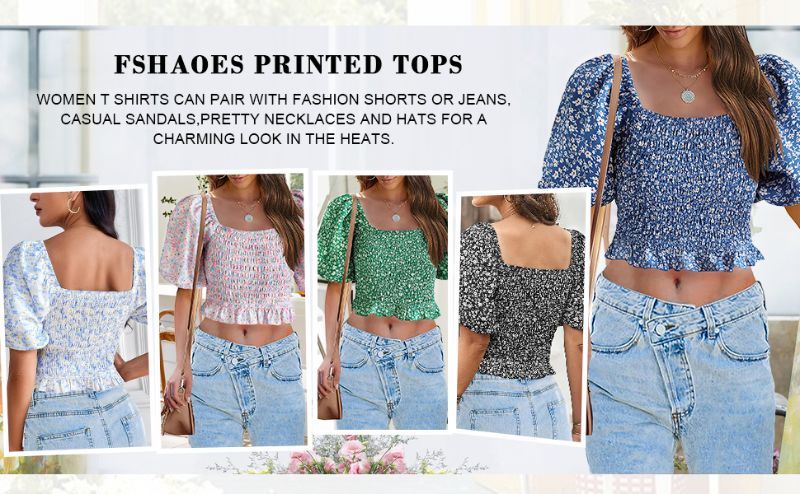 Photo 1 of FSHAOES Womens Summer Puff Sleeve Floral Crop Shirt Casual Smocked Blouse Tops Medium BLUE