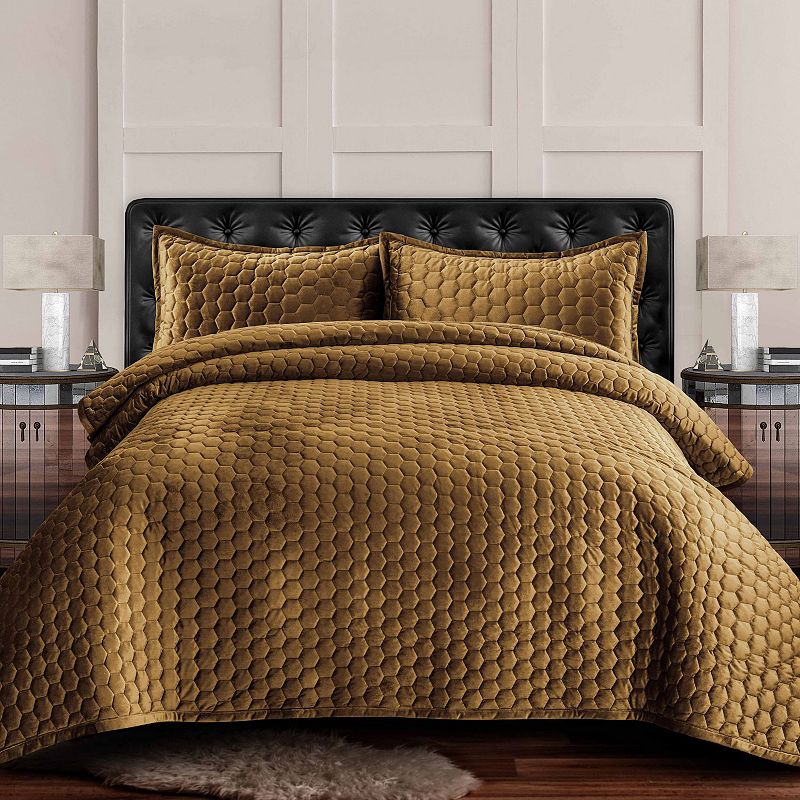 Photo 1 of 3pc King Lugano Honeycomb Velvet Oversized Solid Quilt Set Camel - Tribeca Living
